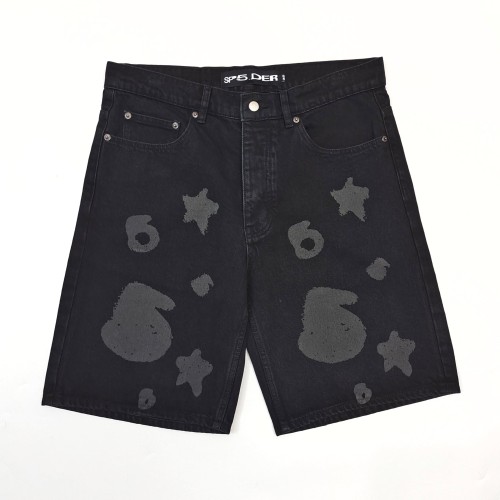 1:1 quality version Streetwear Solid Black Front And Back Gray Star Number Print Straight Fit Mid Length Denim Shorts 29367358