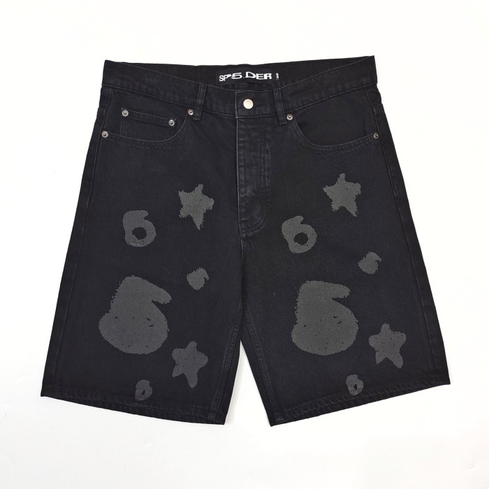 1:1 quality version Streetwear Solid Black Front And Back Gray Star Number Print Straight Fit Mid Length Denim Shorts 29367358