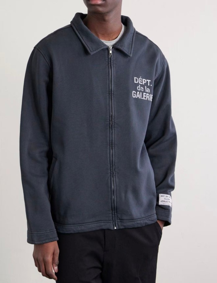 1:1 quality version Streetwear Solid Black Front And Back Vintage French Letter Print Lapel Full Zip Loose Fit Sweat Jacket 29367372