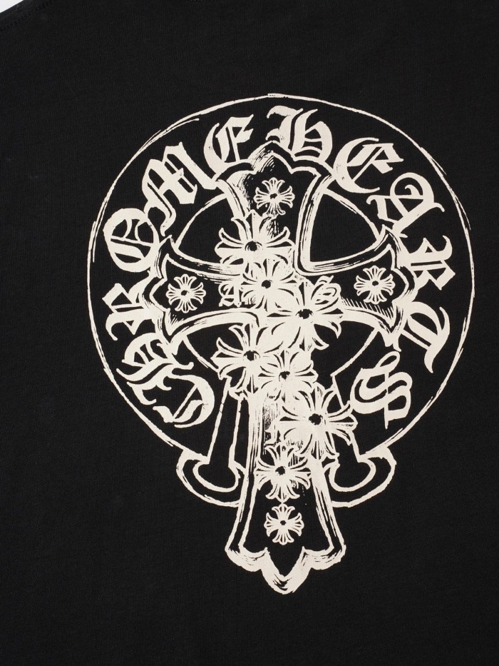 1:1 quality version Vintage Distressed Gothic Street Front Small White Oval Cross Floral Chest Print Back Large Circular Cross Floral Gothic Letter Graphic T-shirt 2 colors 29366184