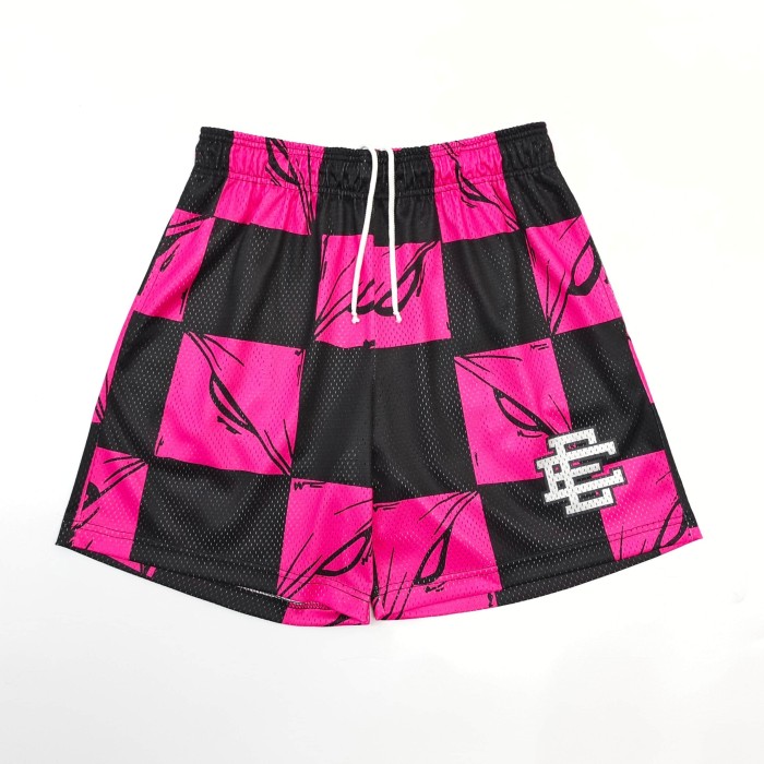 1:1 quality version Pink Black Pink Black Checkered Full Anime Blade Print Drawstring Waist Breathable Mesh Fabric Side Monogram Shorts 29367342