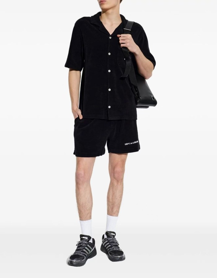 [Big & Tall for weights up to 260 lbs]1:1 quality version Streetwear Solid Black French Letter Print Notch Collar Shirt & Sweat Shorts Set 29368158