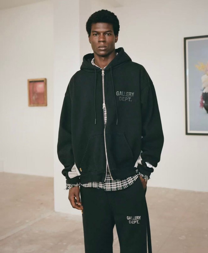 [Big & Tall for weights up to 260 lbs]1:1 quality version Streetwear Black Gray Color Block Letter Print Zip Up Hoodie & Pants Set 29368165
