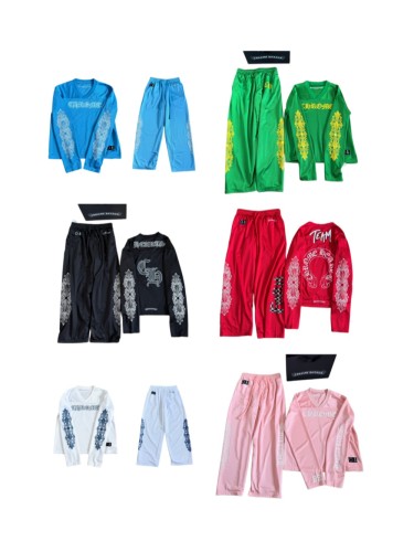 1:1 quality version Streetwear Gothic Floral Side Print Loose Fit V Neck Mesh Hockey Jersey Long Sleeve T-Shirt &   Pants Set 5 colors 29370291
