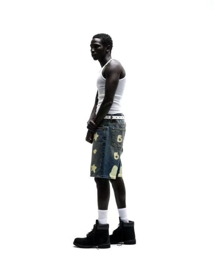 [Big & Tall for weights up to 220 lbs]1:1 quality version Streetwear Vintage Washed Denim Shorts Star Number Print Loose Straight Cut Jean Shorts 29371948