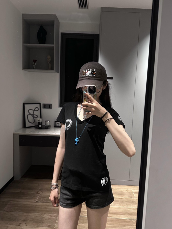 1:1 quality version Y2K Streetwear Double Sided Gothic Horseshoe Letter Cross Print Slim Fit V Neck tee 2 colors 29372508