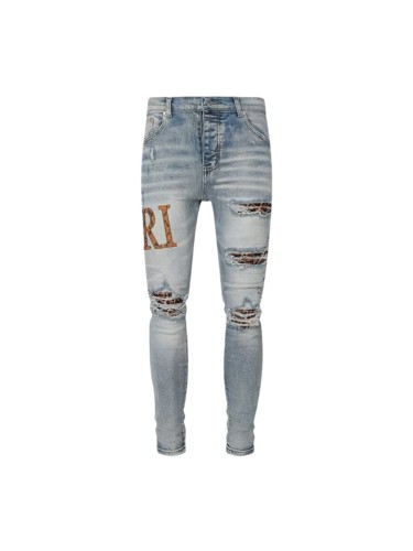 1:1 quality version Frayed Cut Out Leopard Patch Inner Letter Applique Slim Tapered Skinny Jeans 29373796