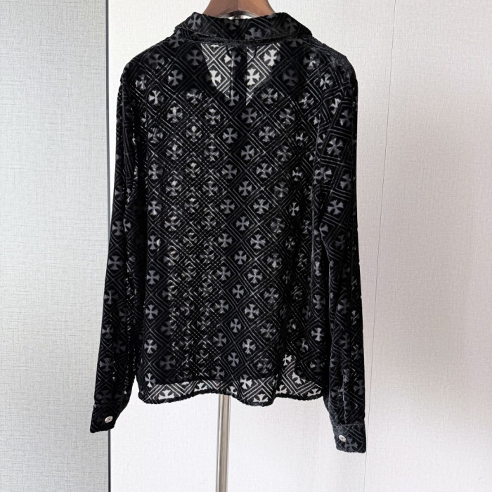 1:1 quality version Gothic Streetwear All Over Cross Print Lapel Long Sleeve Cropped Button Shirt 29373183