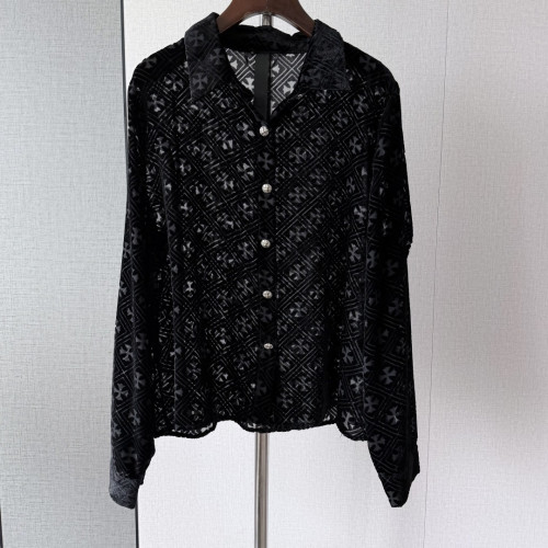 1:1 quality version Gothic Streetwear All Over Cross Print Lapel Long Sleeve Cropped Button Shirt 29373183