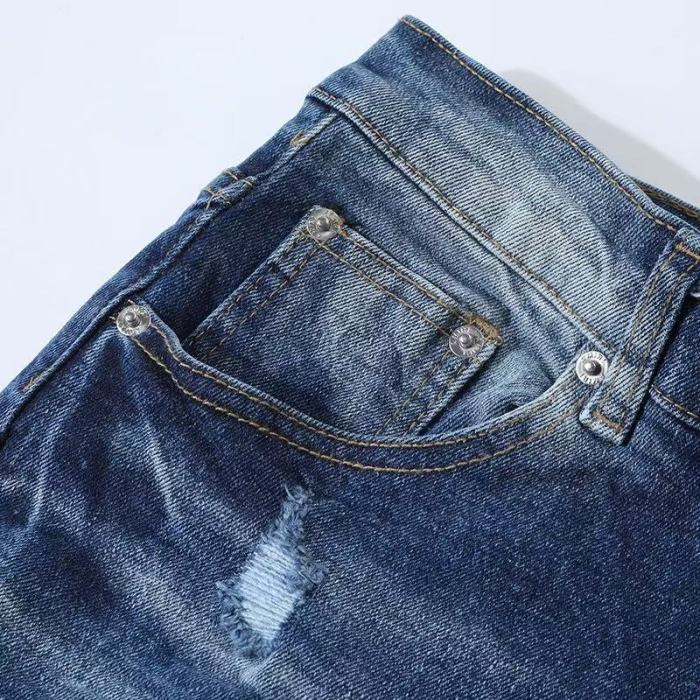 1:1 quality version American Streetwear Vintage Wash Destroyed Green Script Embroidery Skinny Fit Denim Jeans 29373776