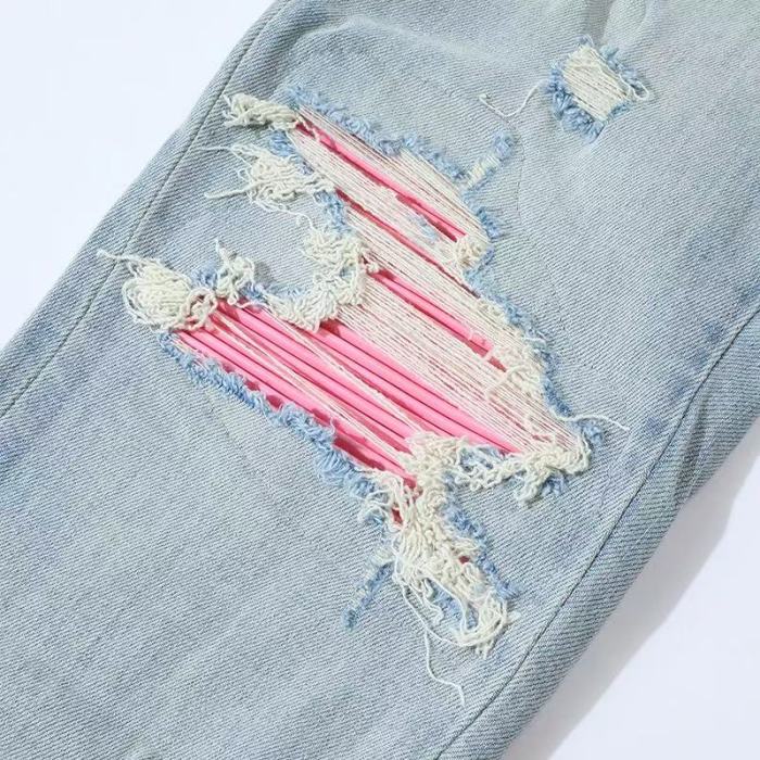 1:1 quality version American Biker High Street Light Wash Distressed Ripped Pink Stripe Woven Patch Slim Tapered Skinny Jeans 29373786