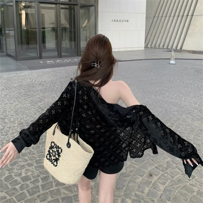 1:1 quality version Gothic Streetwear All Over Cross Print Lapel Long Sleeve Cropped Button Shirt 29373183
