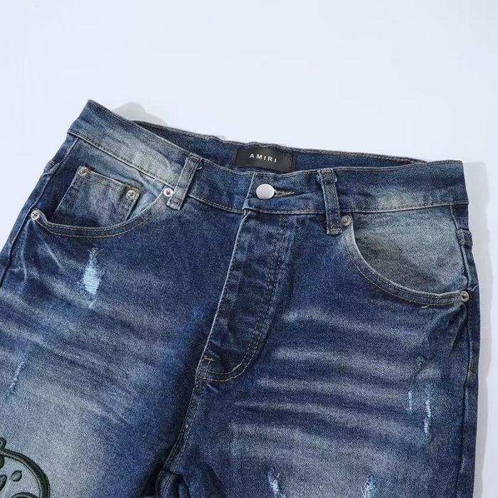 1:1 quality version American Streetwear Vintage Wash Destroyed Green Script Embroidery Skinny Fit Denim Jeans 29373776