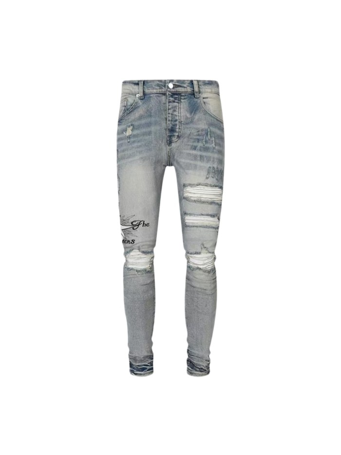 1:1 quality version High Street Vintage Washed Distressed Ripped Star Patch Letter Embroidery Slim Tapered Skinny Jeans 29373788