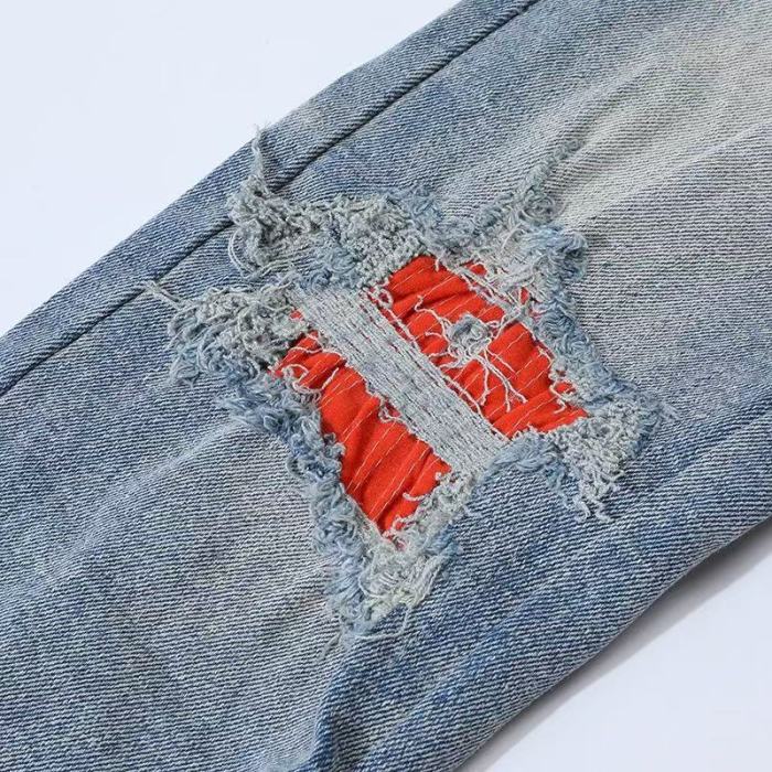 1:1 quality version American Streetwear Destroyed Red Patch Letter Embroidered Skinny Fit Denim Jeans 29373762