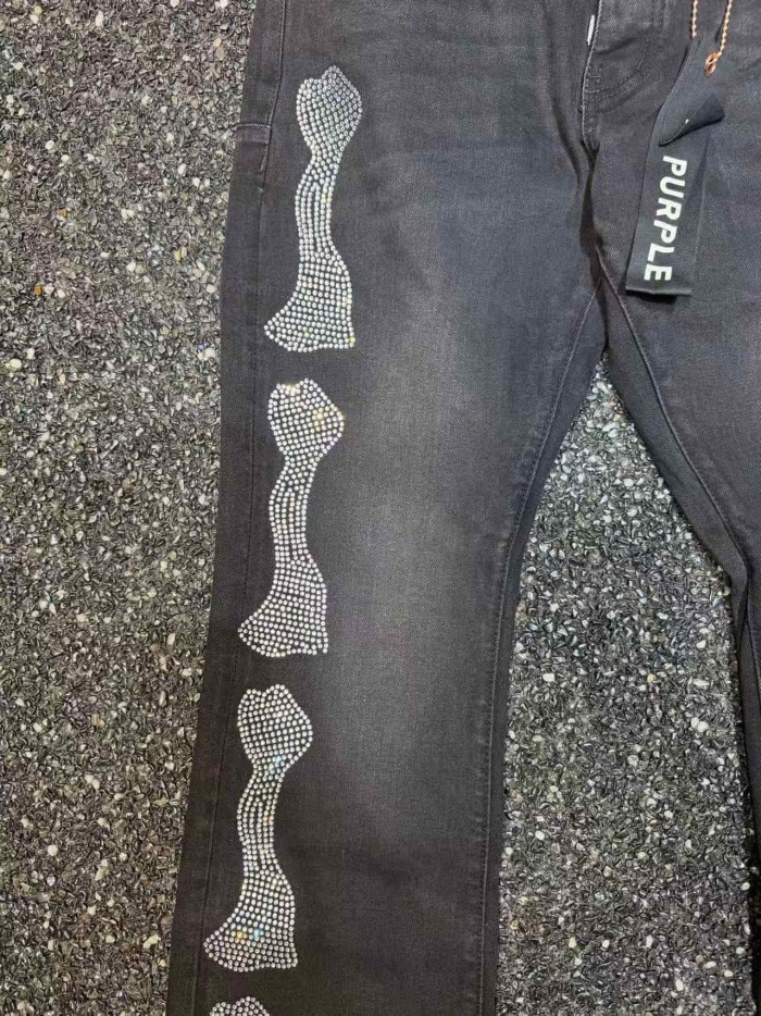 1:1 quality version American Biker High Street Black Washed Rhinestone Bone Pattern Flare Jeans 29373837