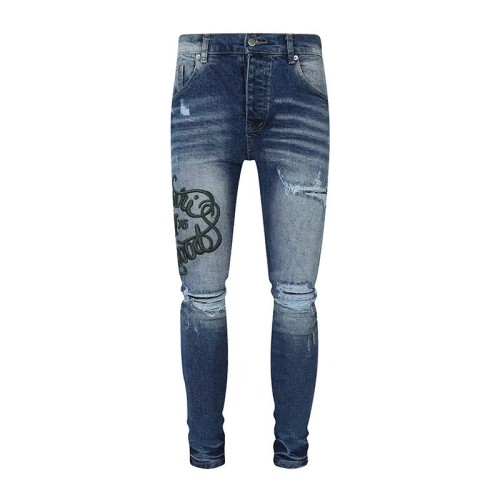 1:1 quality version American Streetwear Vintage Wash Destroyed Green Script Embroidery Skinny Fit Denim Jeans 29373776