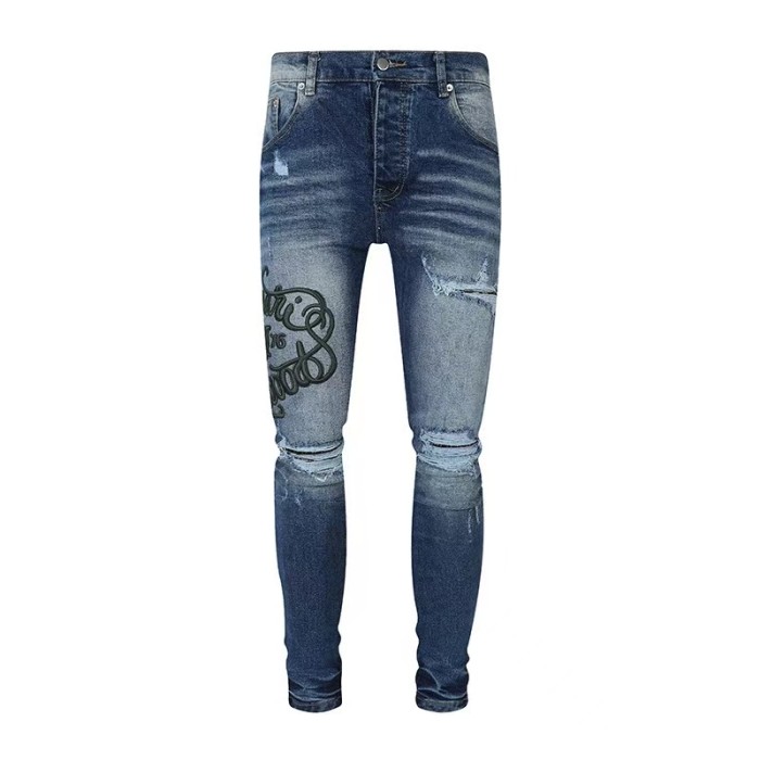 1:1 quality version American Streetwear Vintage Wash Destroyed Green Script Embroidery Skinny Fit Denim Jeans 29373776