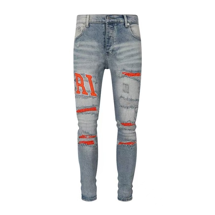 1:1 quality version American Streetwear Destroyed Red Patch Letter Embroidered Skinny Fit Denim Jeans 29373762
