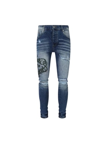 1:1 quality version American Streetwear Vintage Wash Destroyed Green Script Embroidery Skinny Fit Denim Jeans 29373776
