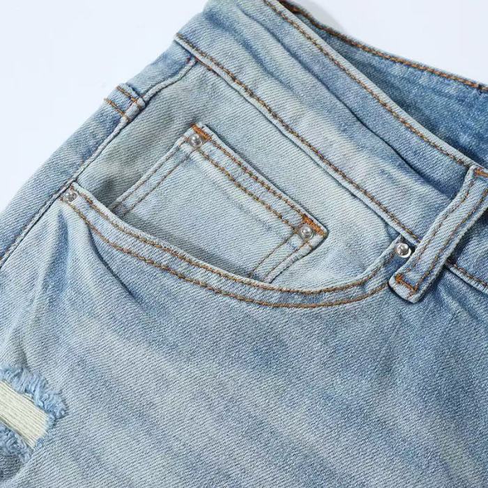 1:1 quality version American Biker High Street Light Wash Distressed Ripped Pink Stripe Woven Patch Slim Tapered Skinny Jeans 29373786
