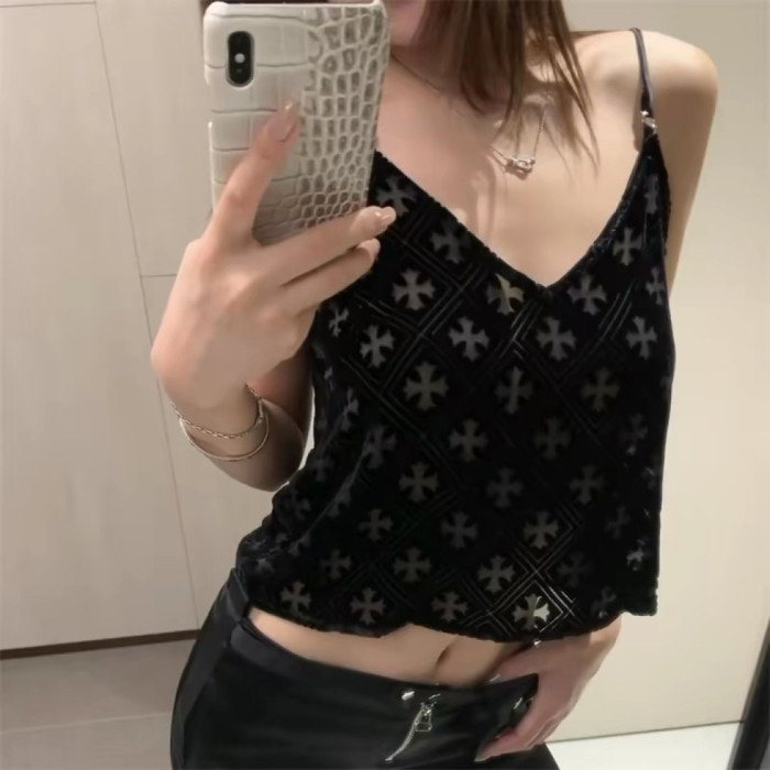 1:1 quality version Gothic Streetwear All Over Cross Print V Neck Adjustable Strap Cropped Cami Tank Top 29373029