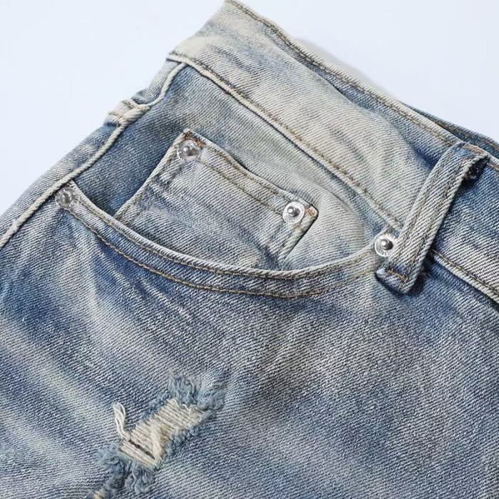 1:1 quality version High Street Vintage Washed Distressed Ripped Star Patch Letter Embroidery Slim Tapered Skinny Jeans 29373788