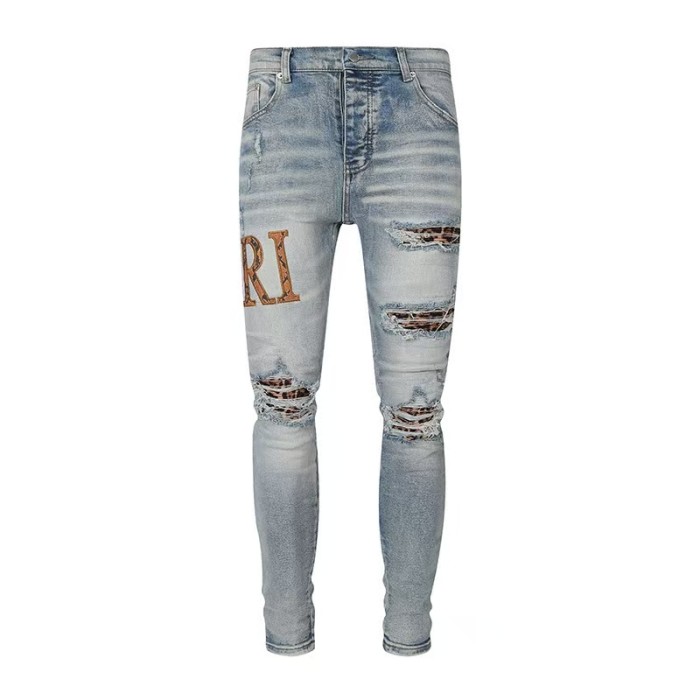 1:1 quality version Frayed Cut Out Leopard Patch Inner Letter Applique Slim Tapered Skinny Jeans 29373796