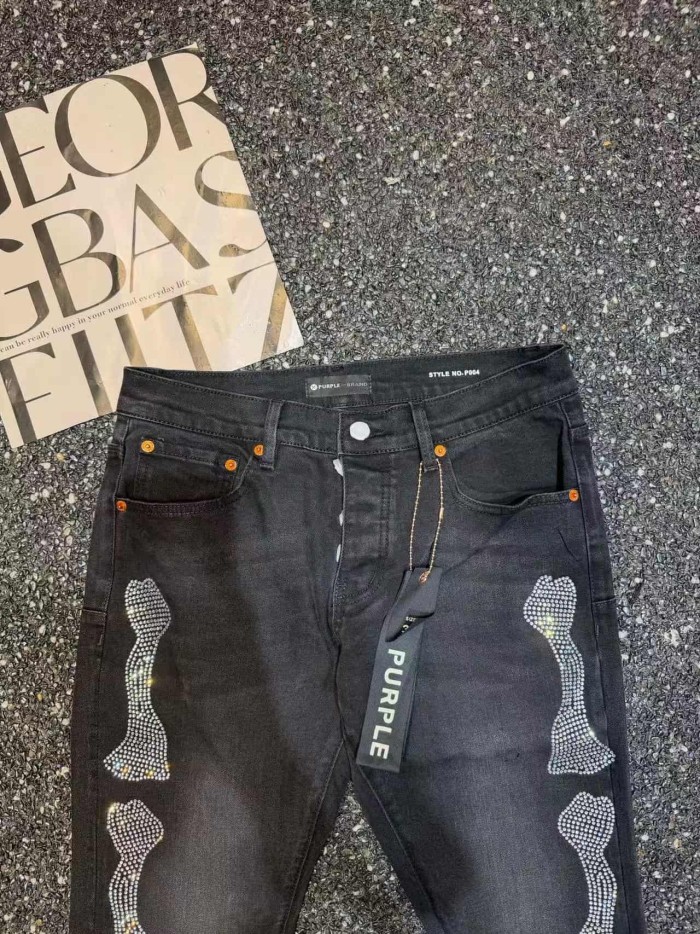1:1 quality version American Biker High Street Black Washed Rhinestone Bone Pattern Flare Jeans 29373837