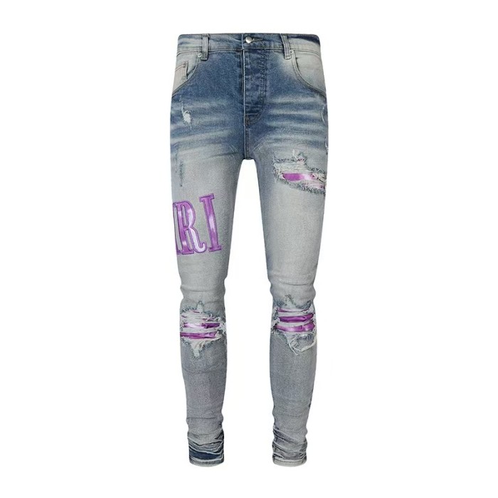 1:1 quality version  Wash Cut Out Purple Patch Letter Appliques Slim Tapered Jeans 29373768