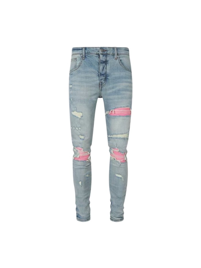 1:1 quality version American Biker High Street Light Wash Distressed Ripped Pink Stripe Woven Patch Slim Tapered Skinny Jeans 29373786