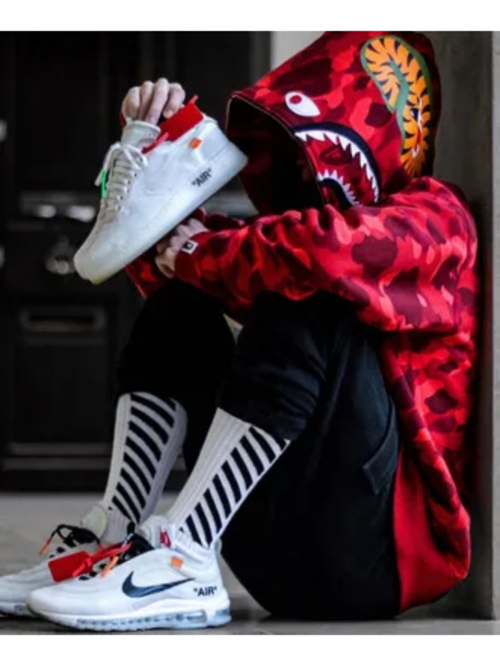 [50% Off]1:1 quality version Bape Full Camo Shark Hoodie red 20175300