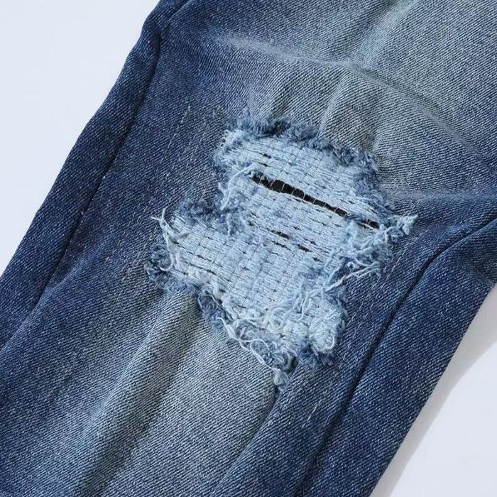 1:1 quality version American Streetwear Vintage Wash Destroyed Green Script Embroidery Skinny Fit Denim Jeans 29373776