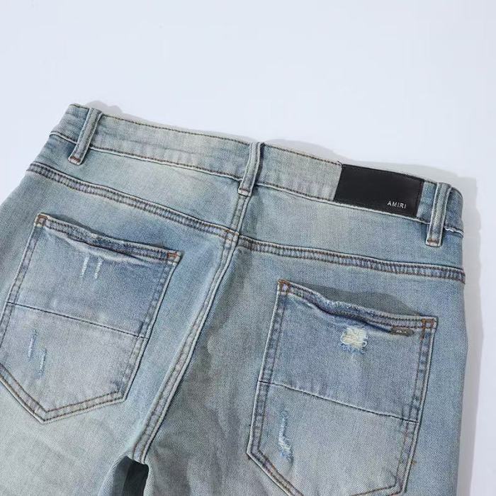 1:1 quality version American Biker High Street Light Wash Distressed Ripped Pink Stripe Woven Patch Slim Tapered Skinny Jeans 29373786