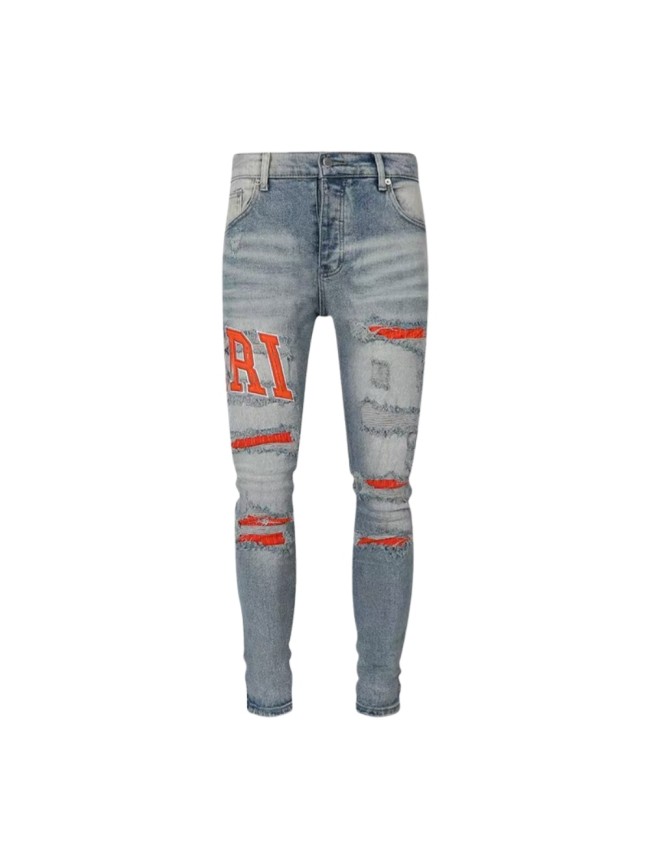 1:1 quality version American Streetwear Destroyed Red Patch Letter Embroidered Skinny Fit Denim Jeans 29373762