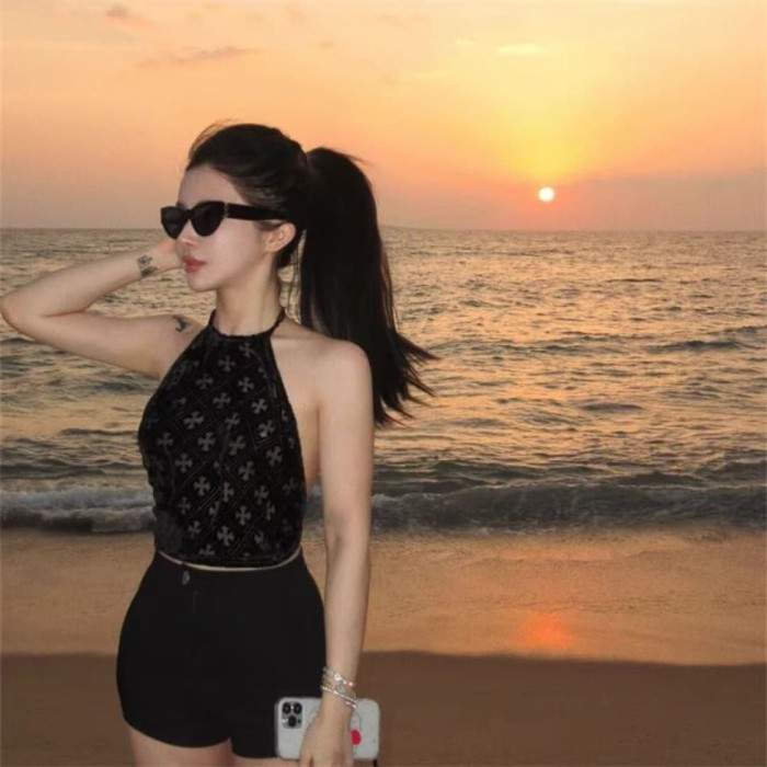 1:1 quality version Vintage Gothic Streetwear All Over Cross Print Halter Tie Back Crop Cami Tank Top 29372686