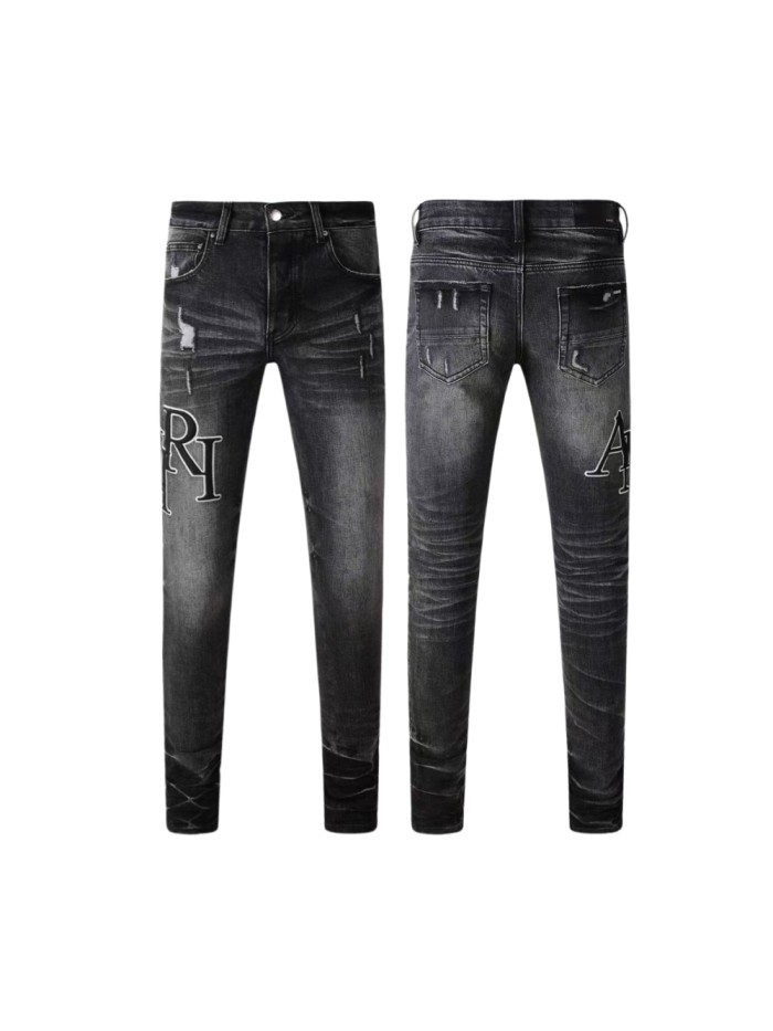 1:1 quality version Streetwear Distressed Letter Print Slim Fit Washed Stretch Denim Jeans 29374941