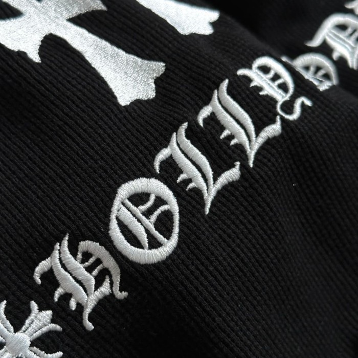 1:1 quality version Gothic Cross Letter Print Ribbed Half Button Henley Waffle Knit Long Sleeve T-Shirt 29380367