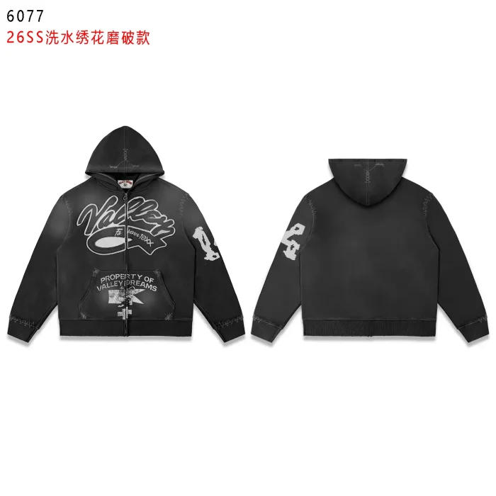 Vintage Street Washed Distressed Letter Print Stitched Zip Up Hoodie 3 colors 29380489