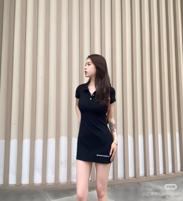 1:1 quality version Y2K Street Cross Gothic Letter Embroidery Ribbed Slim Fit Polo Dress 2 colors 29380249