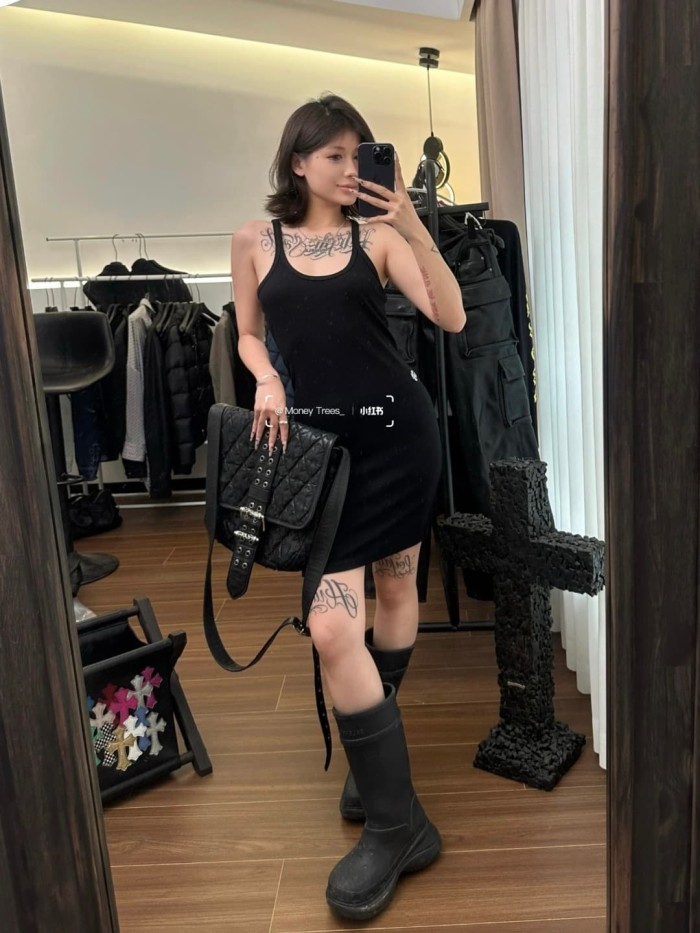 1:1 quality version Vintage Street Minimal Side Chest Embroidery Ribbed Stretch Spaghetti Strap Bodycon Dress Top For Girls 3 colors 29380202