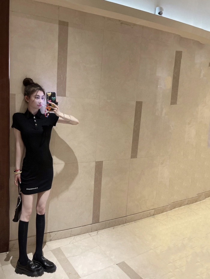 1:1 quality version Y2K Street Cross Gothic Letter Embroidery Ribbed Slim Fit Polo Dress 2 colors 29380249