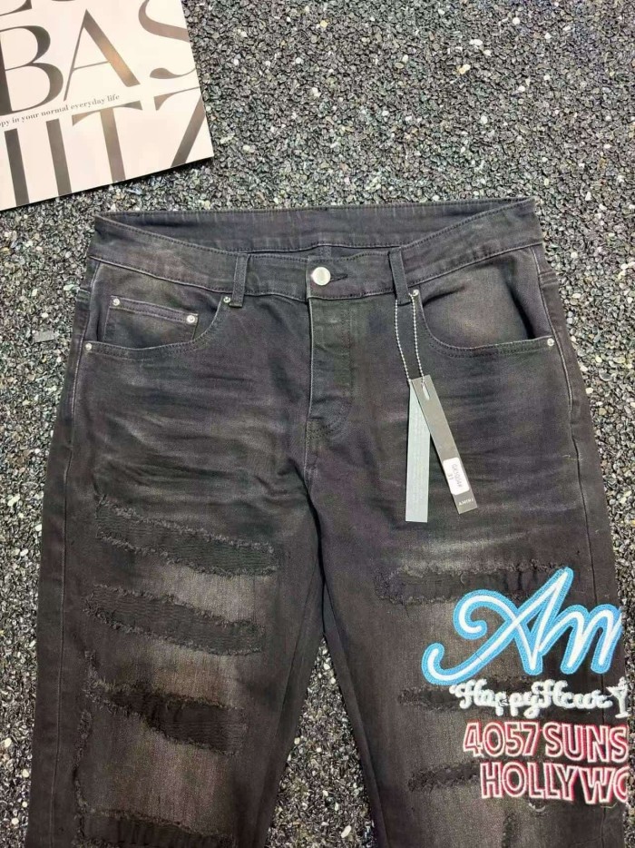 Amiri 1:1 quality version Streetwear Cursive Letter Embroidery Frayed Ripped Slim Washed Jeans 29382648