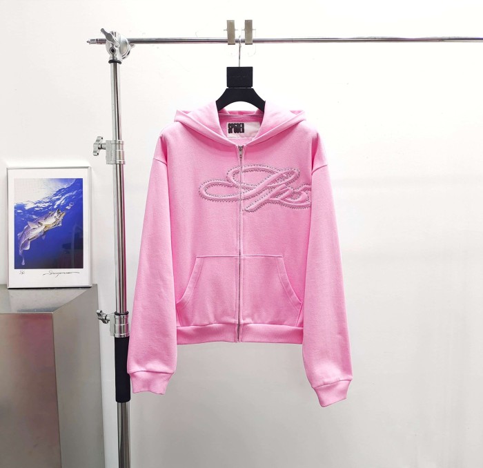 Sp5der [Big & Tall for weights up to 220 lbs]1:1 quality version 3D Letter Embroidered Rhinestone Stud Pink Zip Up Hoodie & Pants Set 29382871