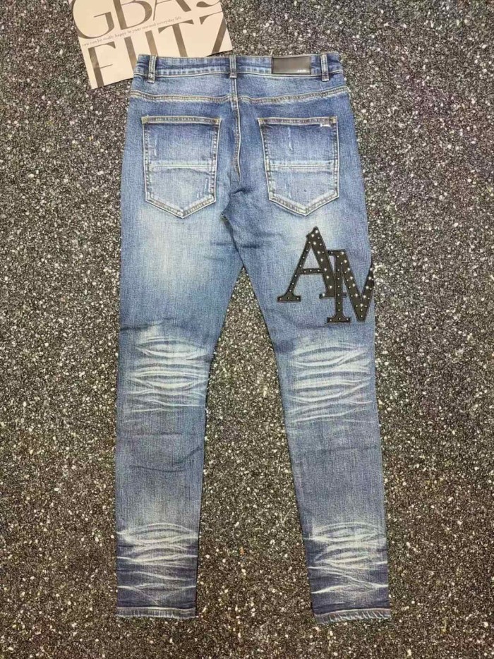 Amiri 1:1 quality version Streetwear Rivet Letter Patch Ripped Patch Slim Denim Washed Jeans 29382651