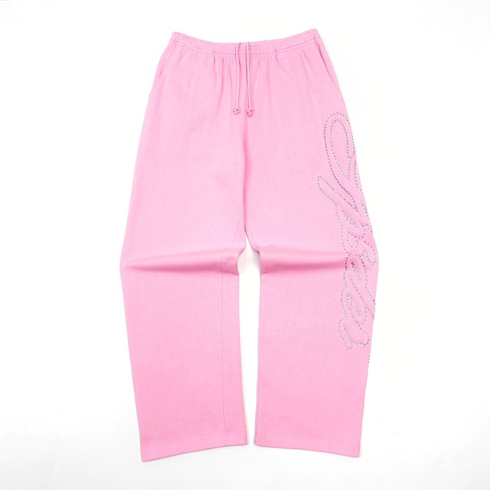 Sp5der [Big & Tall for weights up to 220 lbs]1:1 quality version 3D Letter Embroidered Rhinestone Stud Pink Zip Up Hoodie & Pants Set 29382871