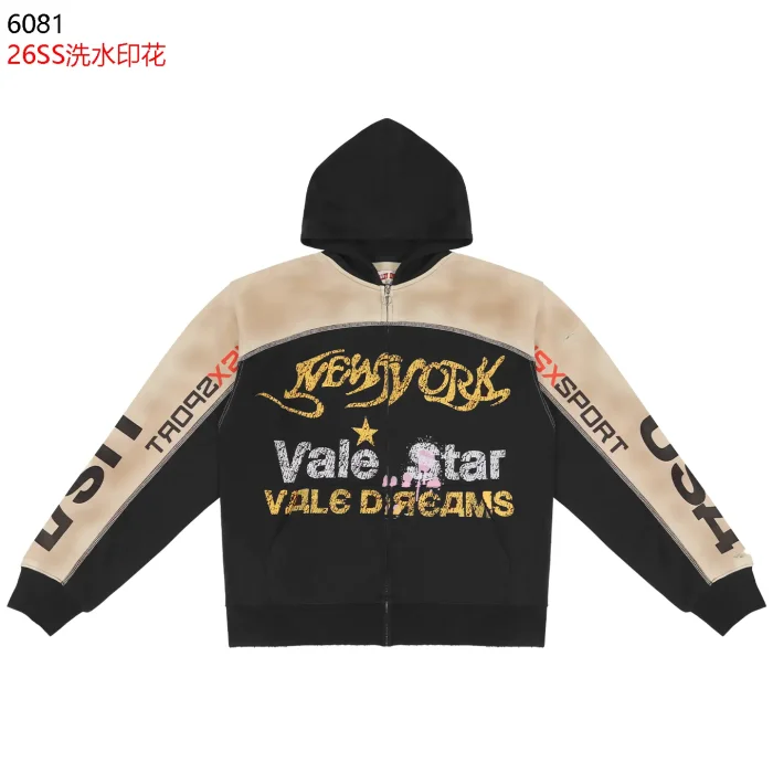 Streetwear Vintage Washed Color Block NEW YORK Letter Zip Up Hoodie & Wide Leg Sweatpants Set 2 colors 29383845