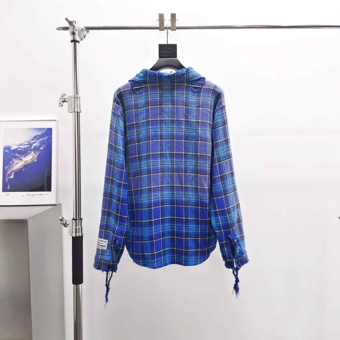 GaIIery Dept. [Big & Tall for weights up to 260 lbs]1:1 quality version Retro Washed Blue Plaid Destroyed Raw Edge Tassel Long Sleeve Shirt 29382848