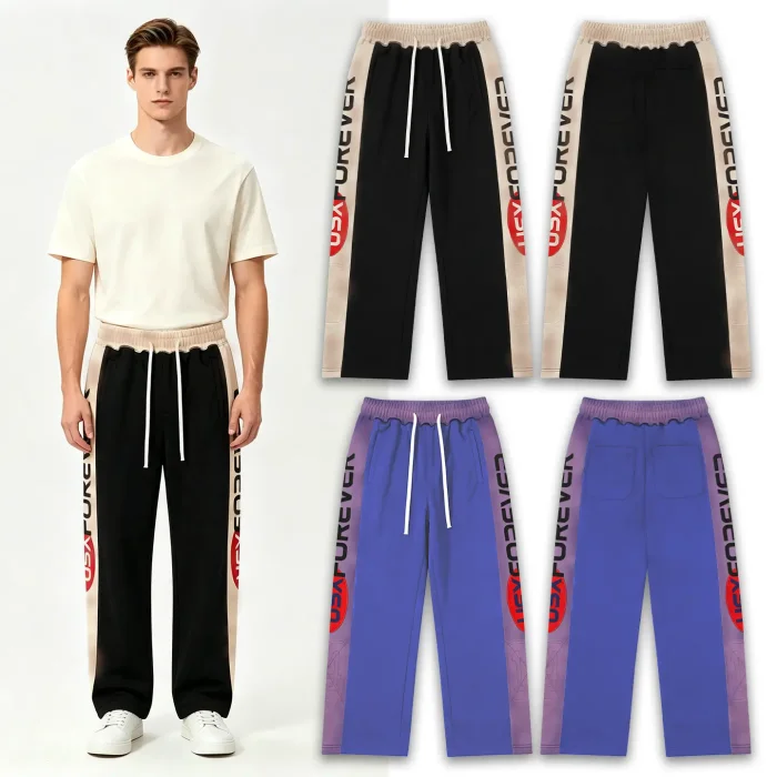 Streetwear Vintage Washed Color Block NEW YORK Letter Zip Up Hoodie & Wide Leg Sweatpants Set 2 colors 29383845