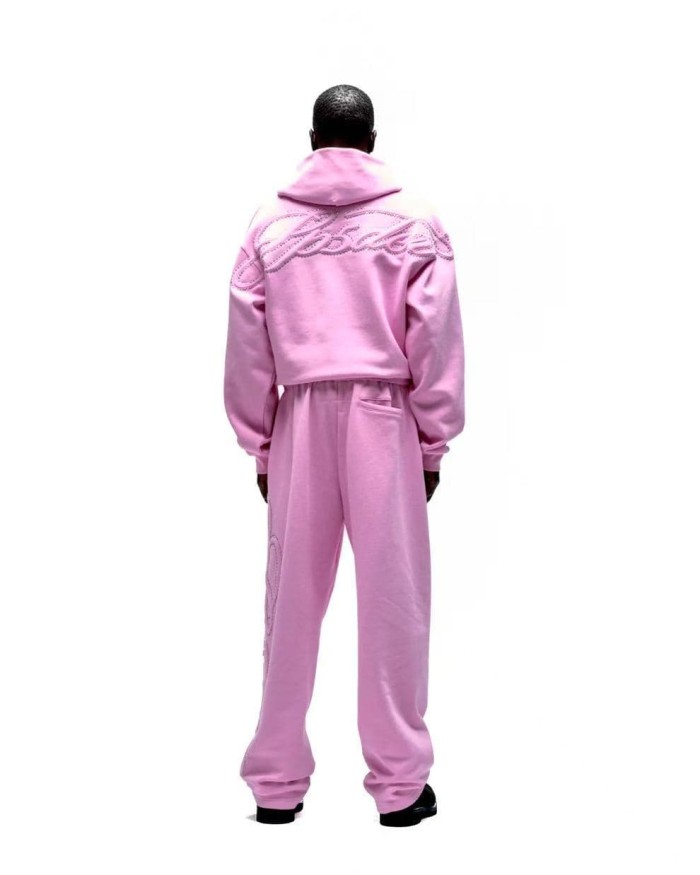 Sp5der [Big & Tall for weights up to 220 lbs]1:1 quality version 3D Letter Embroidered Rhinestone Stud Pink Zip Up Hoodie & Pants Set 29382871